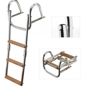 Folding ladder with handrail and wooden steps