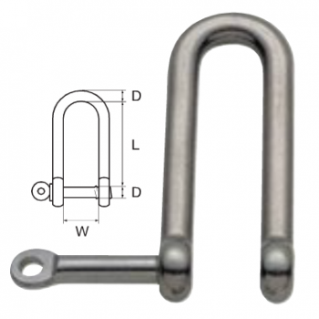 Long shackle with unmissable pin axis in stainless steel